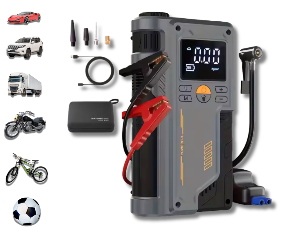 Chargeur Auto Multifonction 4-en-1 – Démarrez, Gonflez, Rechargez et Éclairez en cas d’urgence ! (1000A / 10 000 mAh)