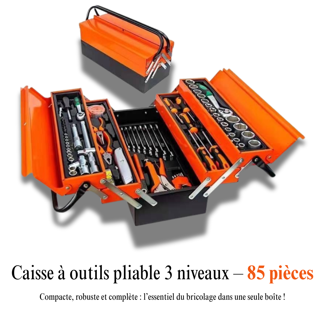 Caisse à Outils Pliable 85 Pièces – 3 Niveaux en Acier Renforcé