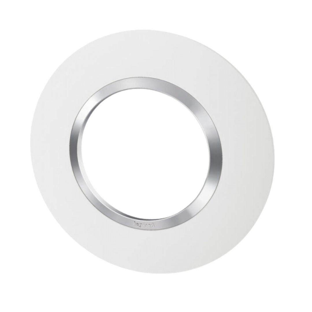 Plaque de Finition Ronde Legrand Dooxie – 1 Poste – Blanc avec Bague Chromé