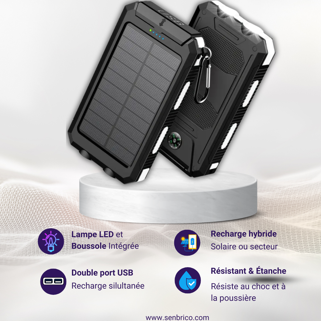 Chargeur Solaire Portable - 2 Modes de Recharge (Secteur + Soleil)
