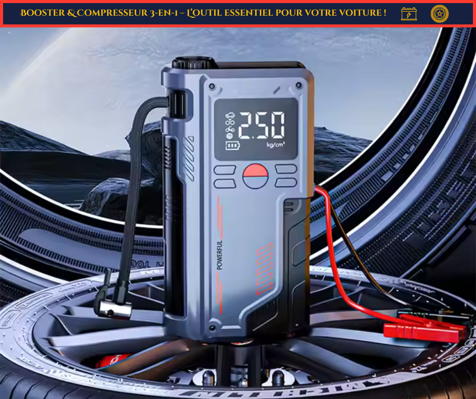 Chargeur Auto Multifonction 4-en-1 – Démarrez, Gonflez, Rechargez et Éclairez en cas d’urgence ! (1000A / 10 000 mAh)