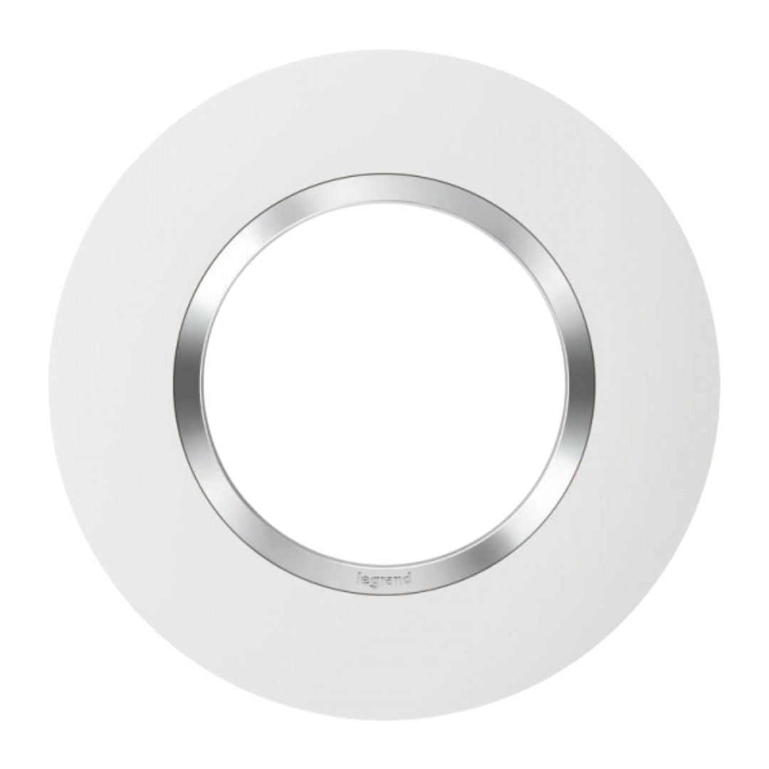 Plaque de Finition Ronde Legrand Dooxie – 1 Poste – Blanc avec Bague Chromé