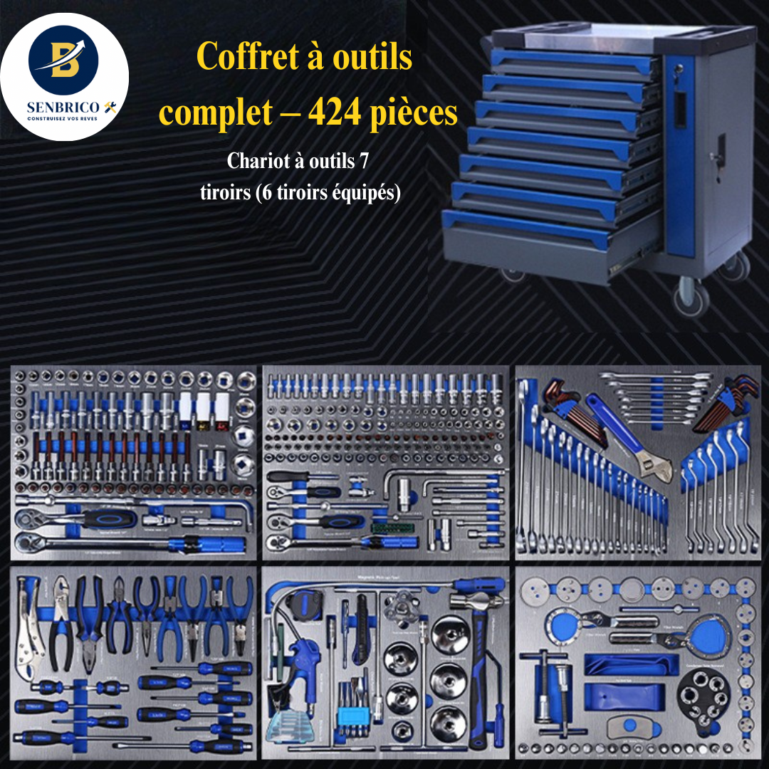 Chariot à Outils Professionnel HUAQI – 424 Pièces, 7 Tiroirs (dont 6 équipés)