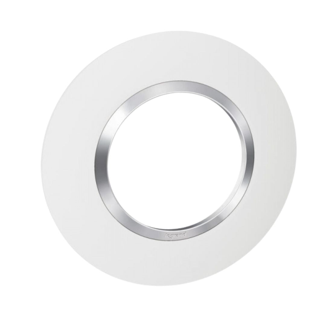 Plaque de Finition Ronde Legrand Dooxie – 1 Poste – Blanc avec Bague Chromé
