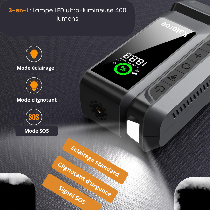 Chargeur Auto Multifonction Katoroe – Démarreur de Batterie & Gonfleur Portable