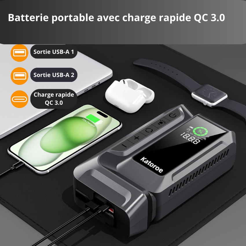 Chargeur Auto Multifonction Katoroe – Démarreur de Batterie & Gonfleur Portable