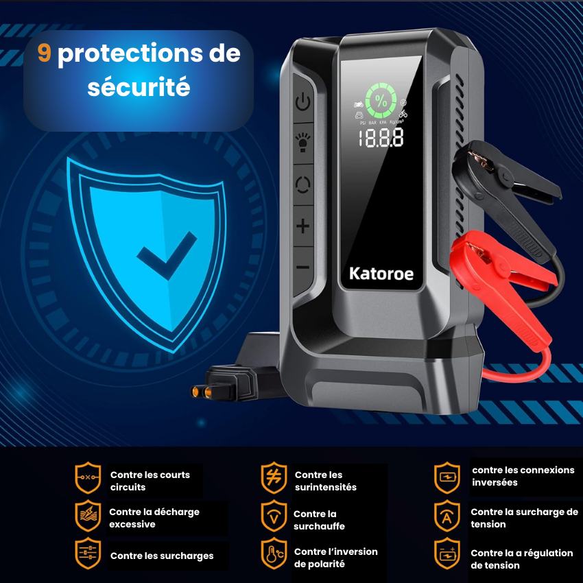 Chargeur Auto Multifonction Katoroe – Démarreur de Batterie & Gonfleur Portable