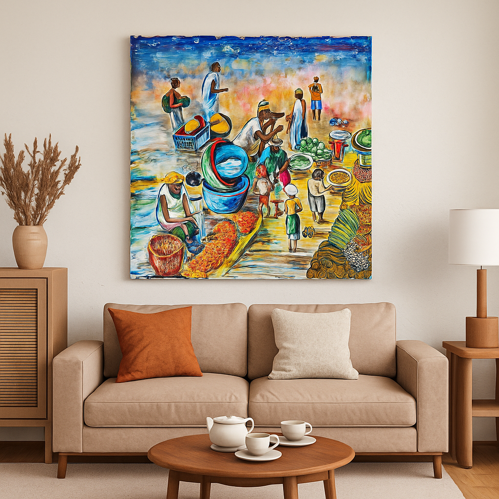 Scène de Marché – Tableau d’art africain peint à la main