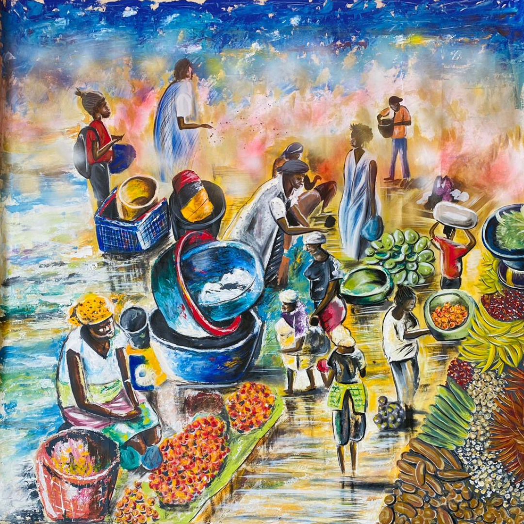 Scène de Marché – Tableau d’art africain peint à la main
