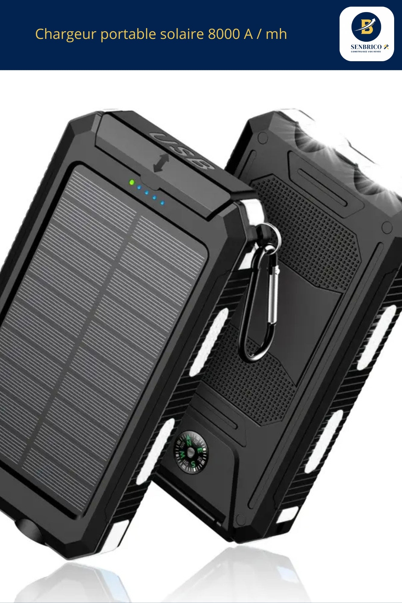 Chargeur Solaire Portable - 2 Modes de Recharge (Secteur + Soleil)