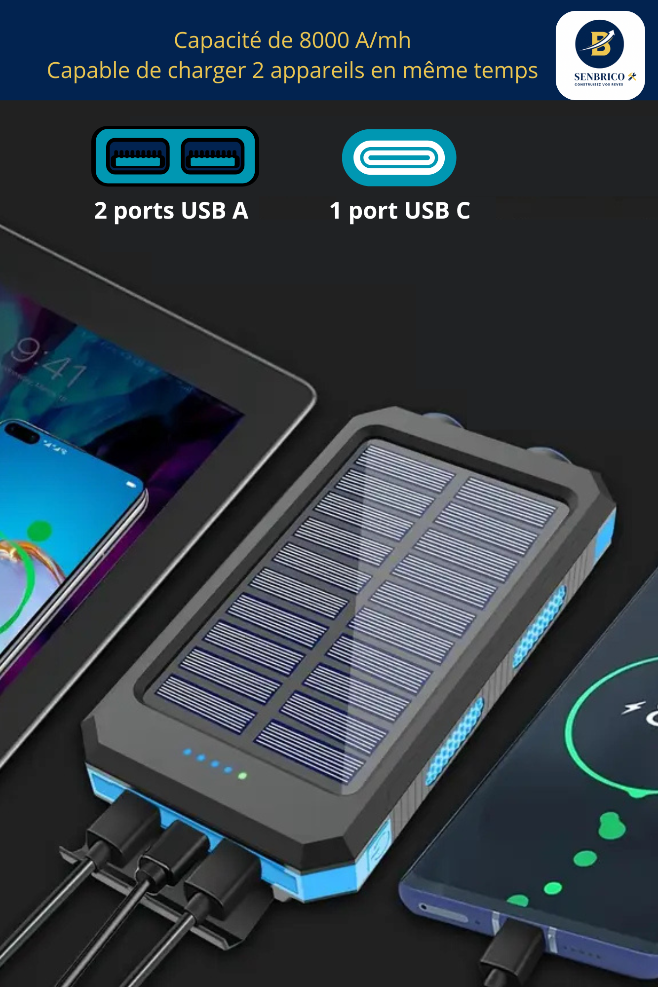 Chargeur Solaire Portable - 2 Modes de Recharge (Secteur + Soleil)