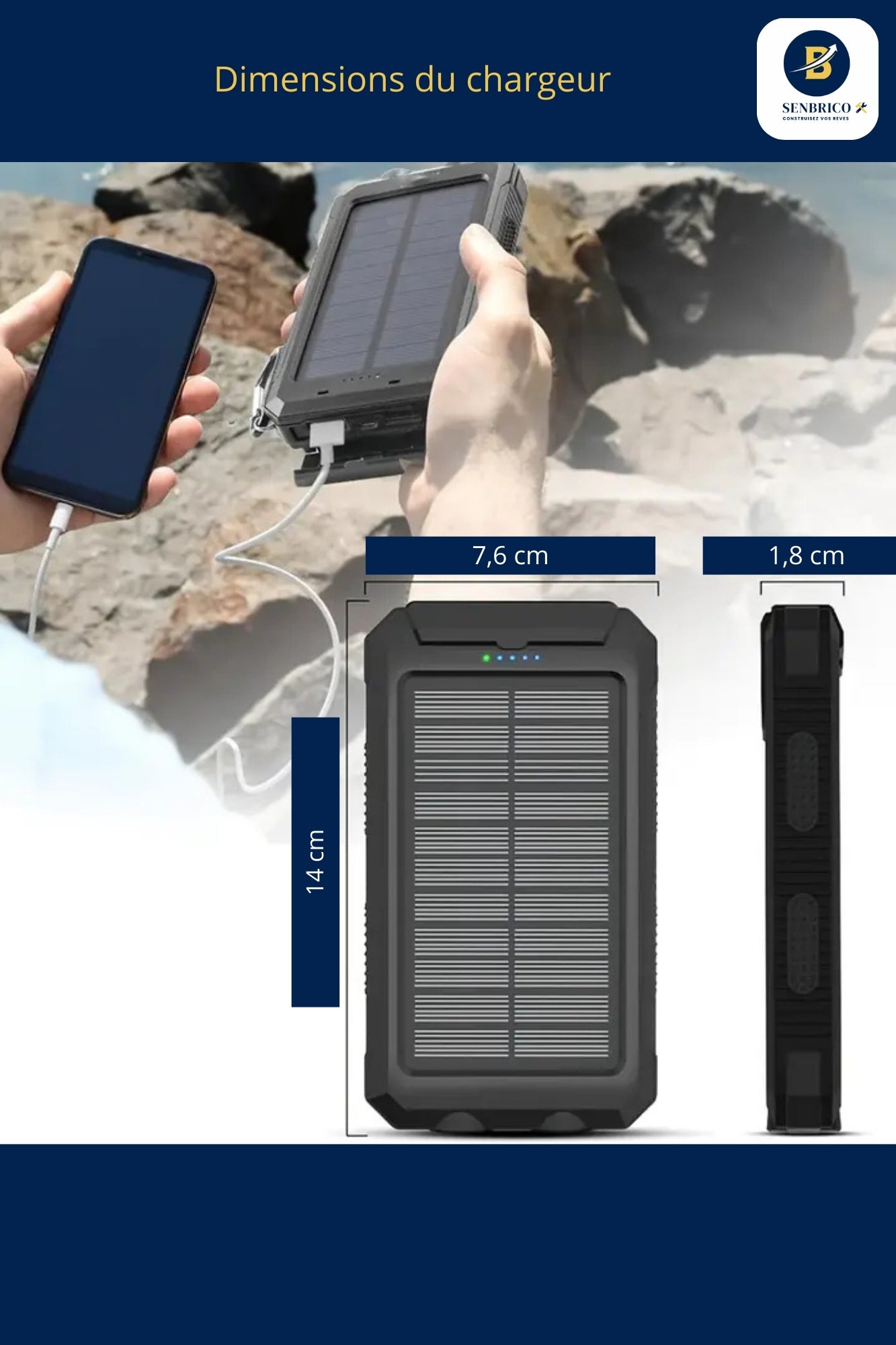 Chargeur Solaire Portable - 2 Modes de Recharge (Secteur + Soleil)