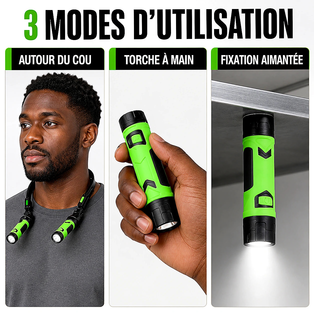 3 modes d'utilisation FlexiLight — cou, torche, aimant