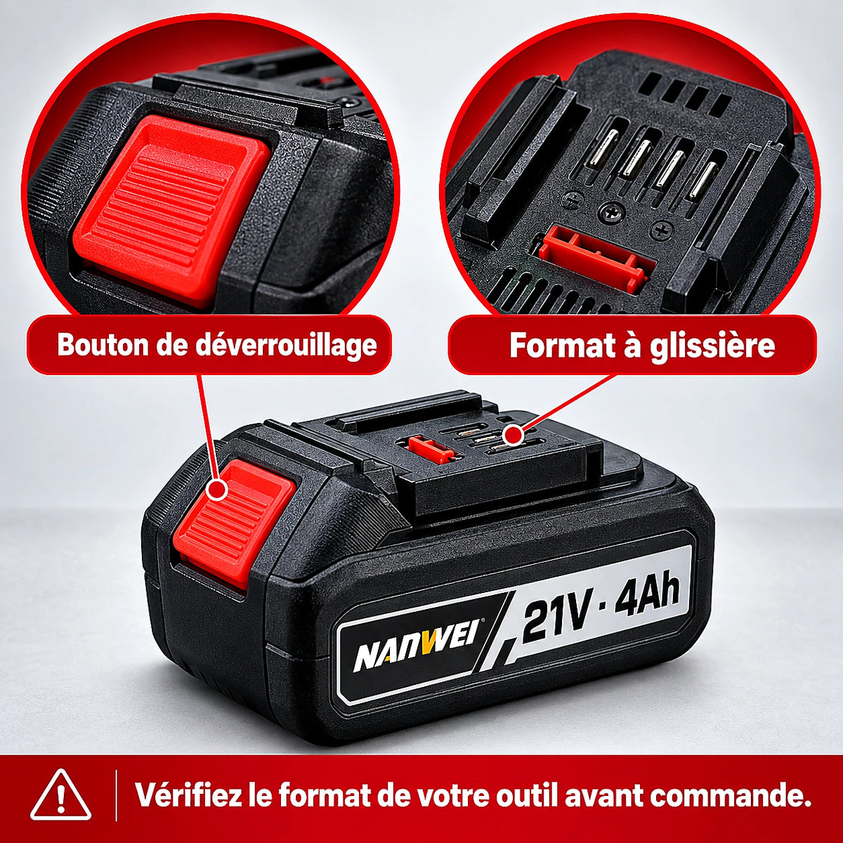 Batterie NANWEI 21V 4Ah Glissière — Rechange Outils Sans Fil | Senbrico
