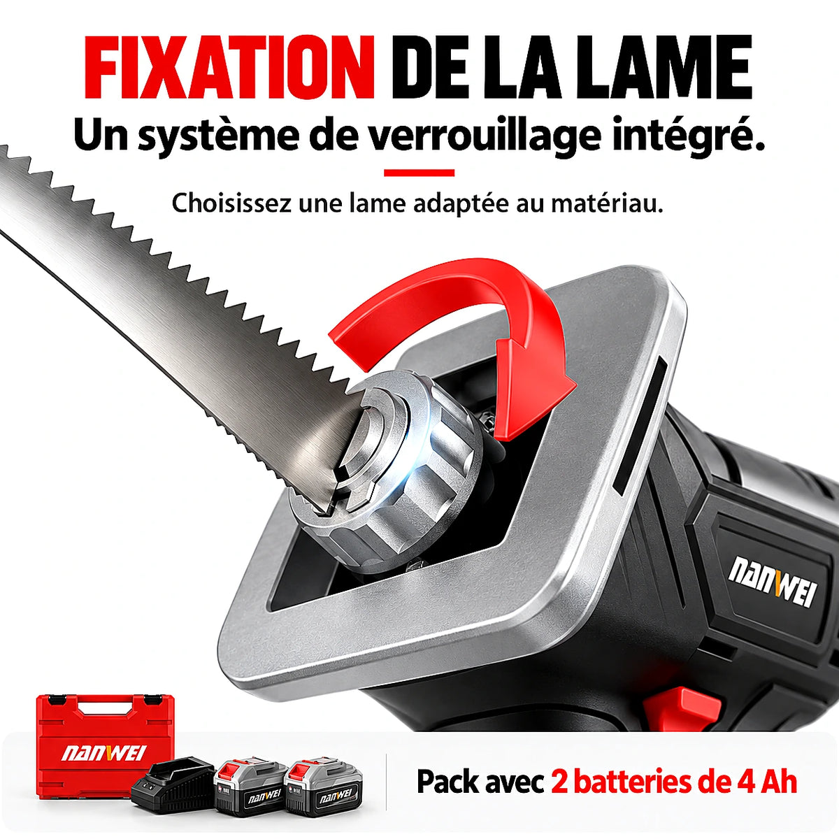 Scie Réciprocante Sans Fil 20V NANWEI — 4100 tr/min, 2 Batteries 4Ah | Scie Sabre