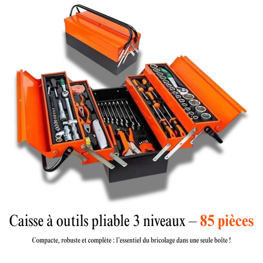 Caisse à Outils Pliable 85 Pièces – 3 Niveaux en Acier Renforcé
