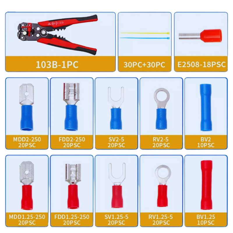 Pince à Dénuder Professionnelle + Kit 258 Borniers Cuivre