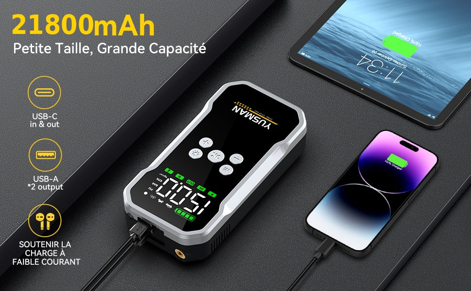 Booster Batterie Voiture YUSMAN F04 — 9500A / 21 800 mAh avec Compresseur 160 PSI