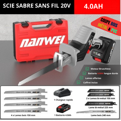 Scie Réciprocante Sans Fil NANWEI 20V Batterie 4Ah Pro – Brushless + 8 Lames | Senbrico